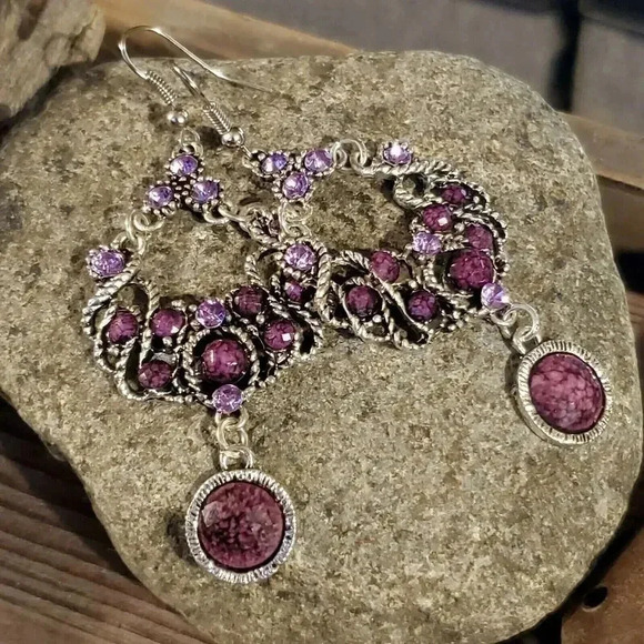 Vintage 90s Lacy Fancy Purple Antique Silver Acrylic Crystal Dangle Earrings - Picture 7 of 8